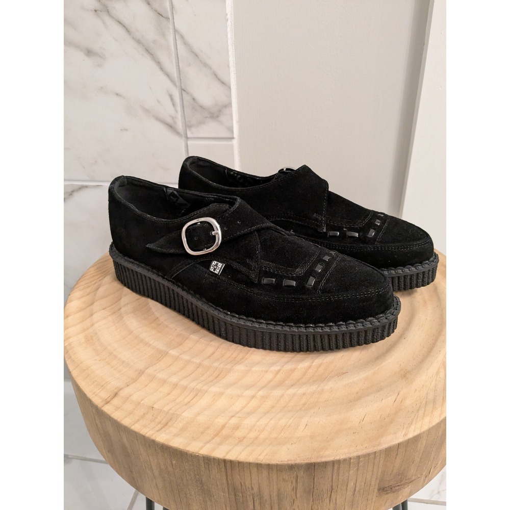 NWOT T.U.K. Black Suede Monk Strap Creepers Platform Shoes Size US 7 EU 40